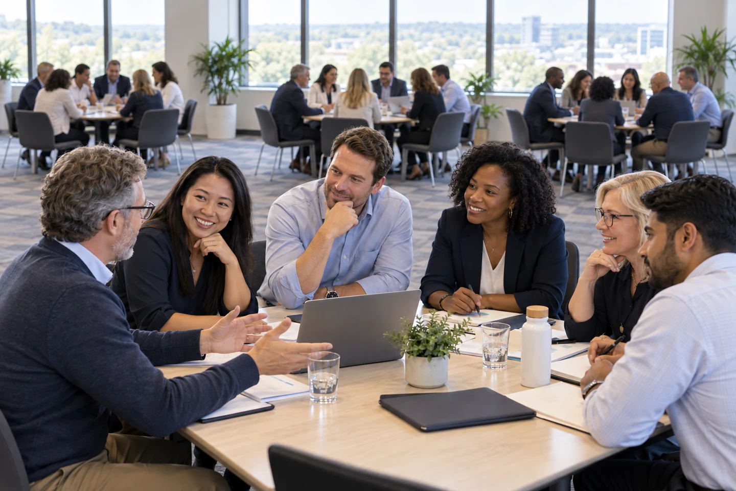 Six professionals discussing a shared decision at a table, with other workshop teams in the background.